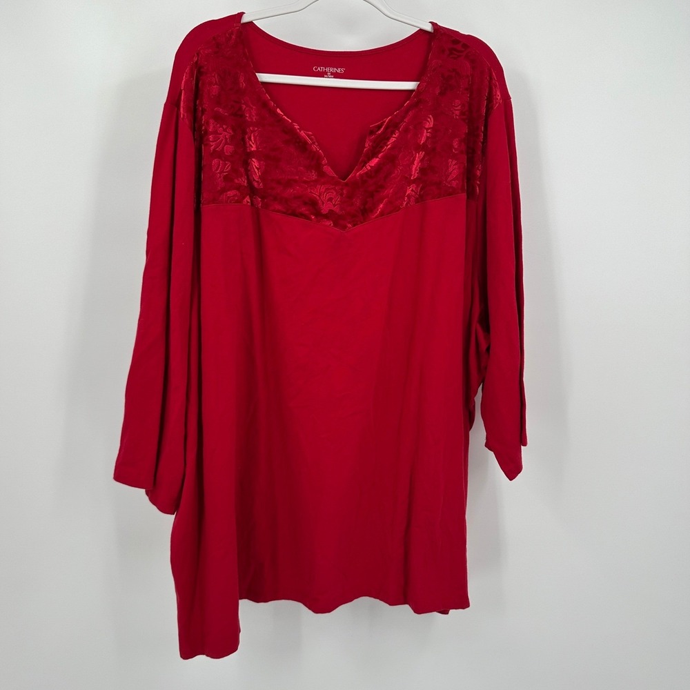Catherines Womens Red Velvet Floral Burnout Top Size 5X Festive Bold Elegant